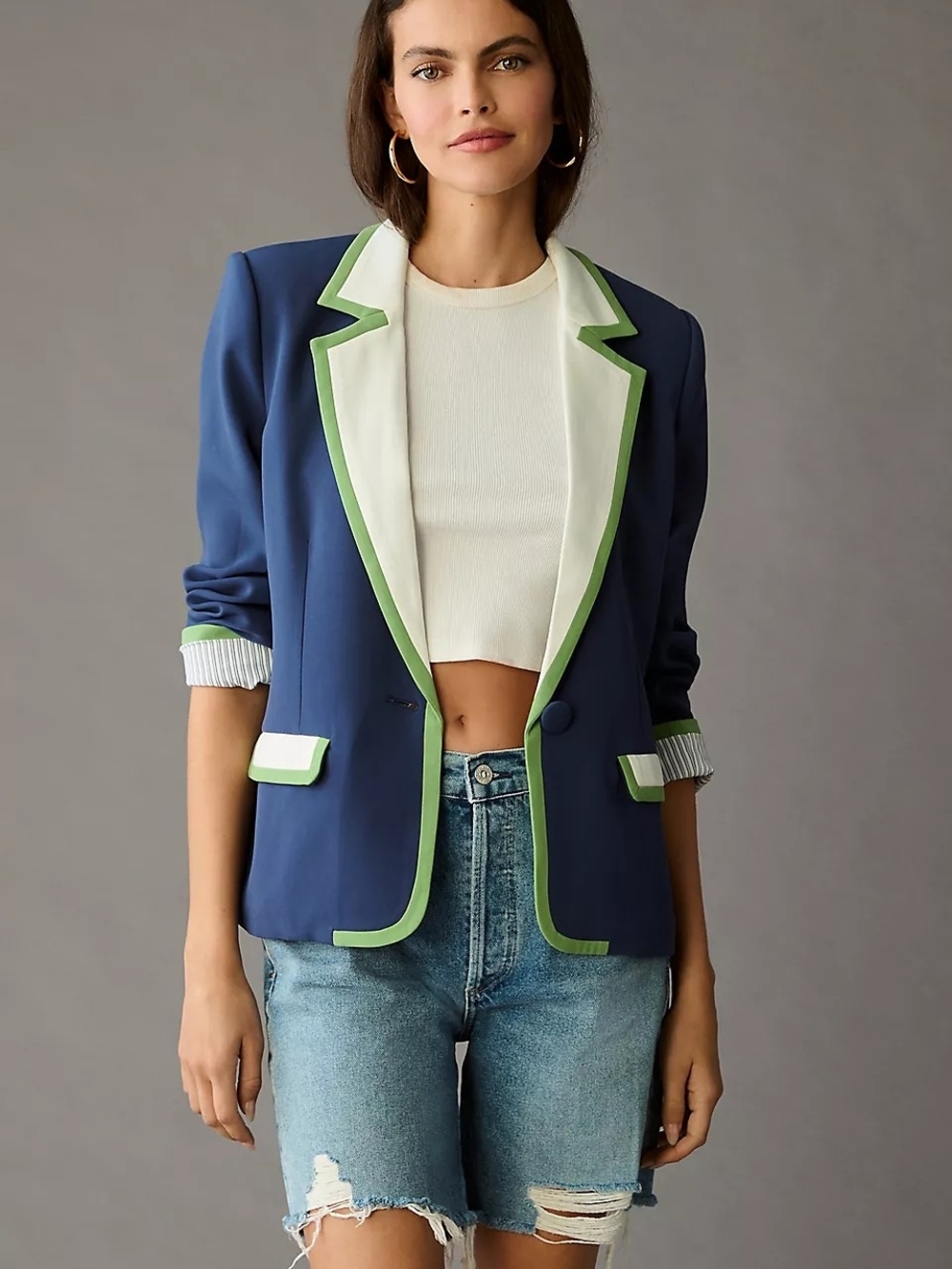 Anthropologie Maeve Colorblock Sailor Chic Blazer Jacket Navy Green Size M